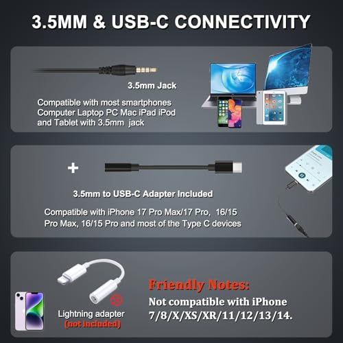 Image of Callez Wired Computer Headset 3.5mm /USB-C Headset with Mic Noise Cancelling | Cell Phone Headphone for PC Laptop Mac iPhone 15 /16 /17 Samsung, Zoom Teams Call Center Home Office Work, in-line Controls