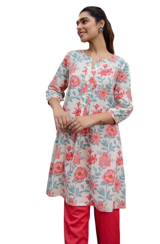 Image of Janasya Women's Pure Cotton Floral Printed A-Line Tunic