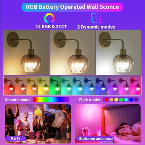 Image of Vintage Battery Operated Wall Sconces Set of Two 2,Wireless Rechargeable Wall Sconce with Remote,Gold Wall Lamp with Glass Lampshade,Dimmable Wall Light Fixtures For Bedroom Bedside Living Room Decor