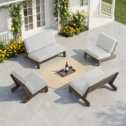 Image of Pia Ricoo 4 Piece Patio Furniture Sets, Outdoor Furniture with 2 Chairs & Coffee Table, Patio Conversation Set for Backyard, Deck, Lawn, Beige