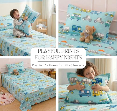 Image of RD FABS Glace Cotton Wrinkle Free Soft Hypoallergenic Single Bed Sheet with 1 Pillow Cover | Cartoon Printed Kids Bedsheet for Boys & Girls Room | 60x90 Inches | Sky Blue Car Bus Design | 144 TC