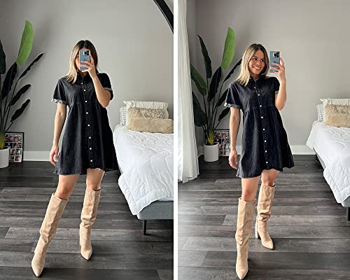 luvamia Women's Casual Short Sleeve Button Down Tiered Denim Babydoll Jean Dress2