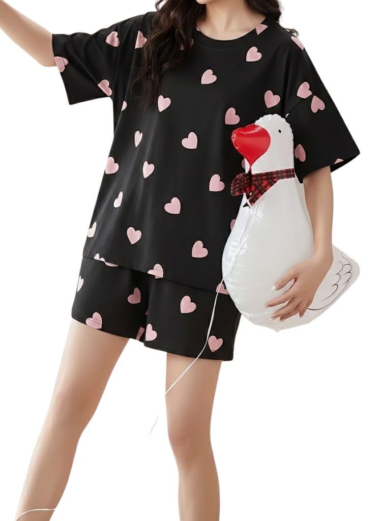 Women Korean Shorts Pajama Set Cotton Blend Nightwear Set Top & Shorts Sleepwear Lounge Wear Soft Comfortable Night Suit Ladies Summer Night Dress Co-Ord Home Wear Set