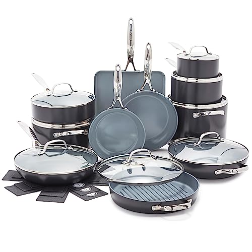 GreenPan Valencia Pro Hard Anodized Healthy Ceramic Nonstick 22 Piece Cookware Pots & Pans Set, Fry Grill, Griddle, Saute & Sauce Pans, Stockpot,Lids, PFAS-Free, Induction, Dishwasher & Oven Safe,Gray