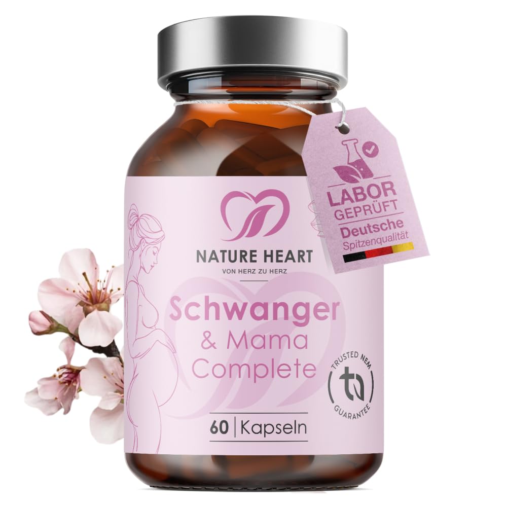 Nature Heart Schwanger & Mama Complete 60 Kapseln | Mit Folat, Eisen, Jod, Cholin & Vitaminen, Vegan, Für Kinderwunsch, Schwangerschaft & Stillzeit