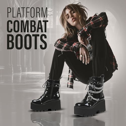 mikarka Women's Chain Platform Boots Lace Up & Zipper Chunky Heel Black Combat Ankle Booties Fashion Studded Motorcycle Boots2