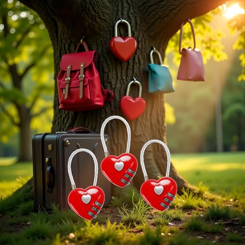 Image of 3Pcs Red Mini Love Heart Lock, Heart Padlock, Mini Code Lock,Padlocks and Hasps,Bags /Suitcase /Lockers /Backpacks /Jewelry Boxes Wire Rope 3-Digit Code Combination Padlock for Travel