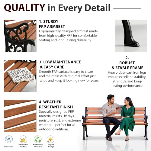Image of BRISHI 3 Seater Cast Iron FRP Garden Bench for Indoor & Outdoor Park /Patio /Living Room /Terrace /Balcony (Black+ Wooden Texture)