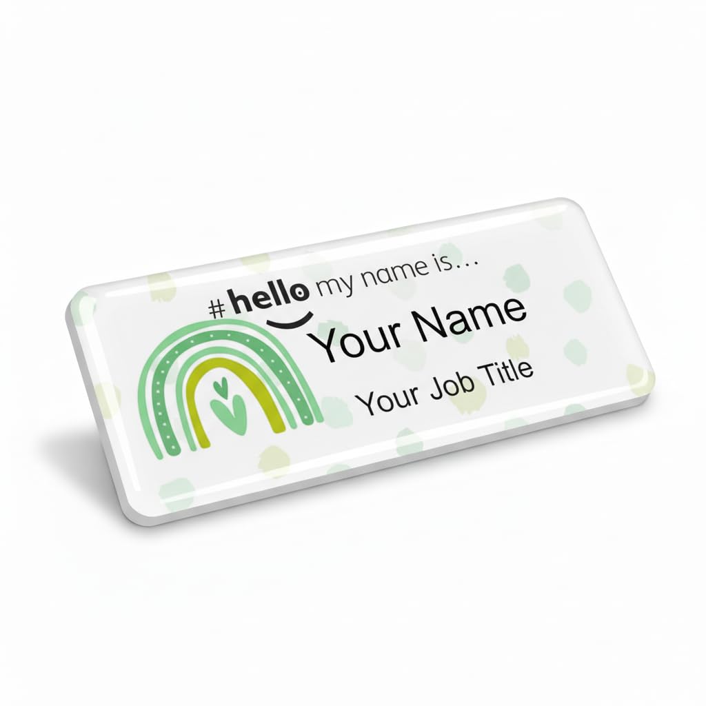 Badgemaster Resin Finish Hello My Name Is Personalised Nurse Midwife Hospital NHS Practitioner Nursery Preschool Rainbow Green Polka Dots Name Badge