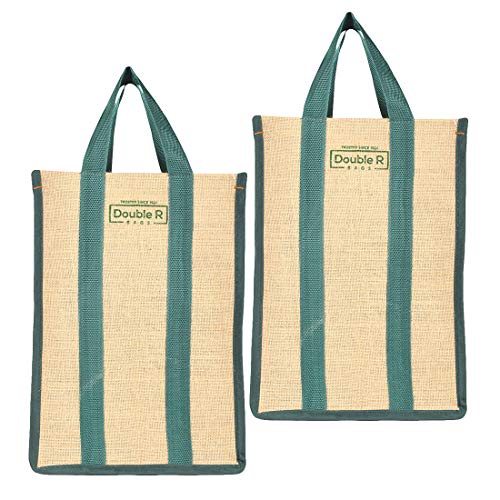Image of DOUBLE R BAGS Laminated Jute Reusable Shopping Bags Kitchen Essentials Grocery Vegetable Lunch Carry Bag With Full Handles Multi-purpose Bag Stylish Designs (Green) Pack of 2