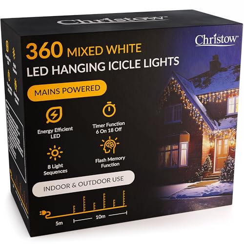 CHRISTOW Hanging Icicle Christmas Lights, 360 White & Warm White LED, 10m Lit Length, Indoor & Outdoor, Mains Powered with Timer, 8 Flash Lighting Modes with Memory, Fairy String Light Decorations
