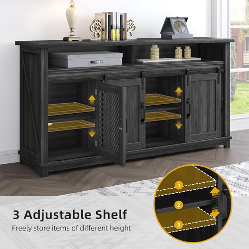 DWVO Farmhouse Sideboard Buffet Cabinet, 63'' Coffee Bar Cabinet with 2 Sliding Barn Doors & 2 Visual Grid Doors, Rustic Storage Cabinets for Kitchen & Living Room, Dark Grey