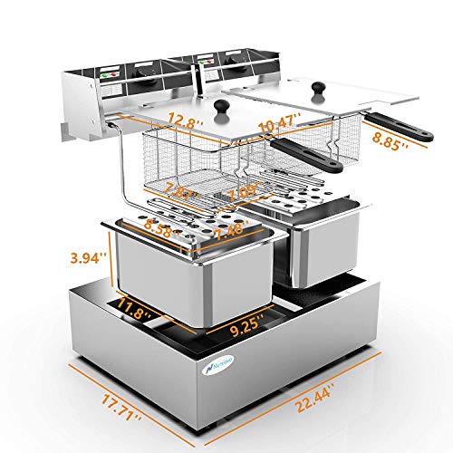 Nurxiovo 16 Liter Electric Commercial Deep Fryer with Double Basket Large Countertop Stainless Steel 2 Baskets Deep Fryers French Fries Fish Turkey Restaurant Home Kitchen 2 Tank 3600W