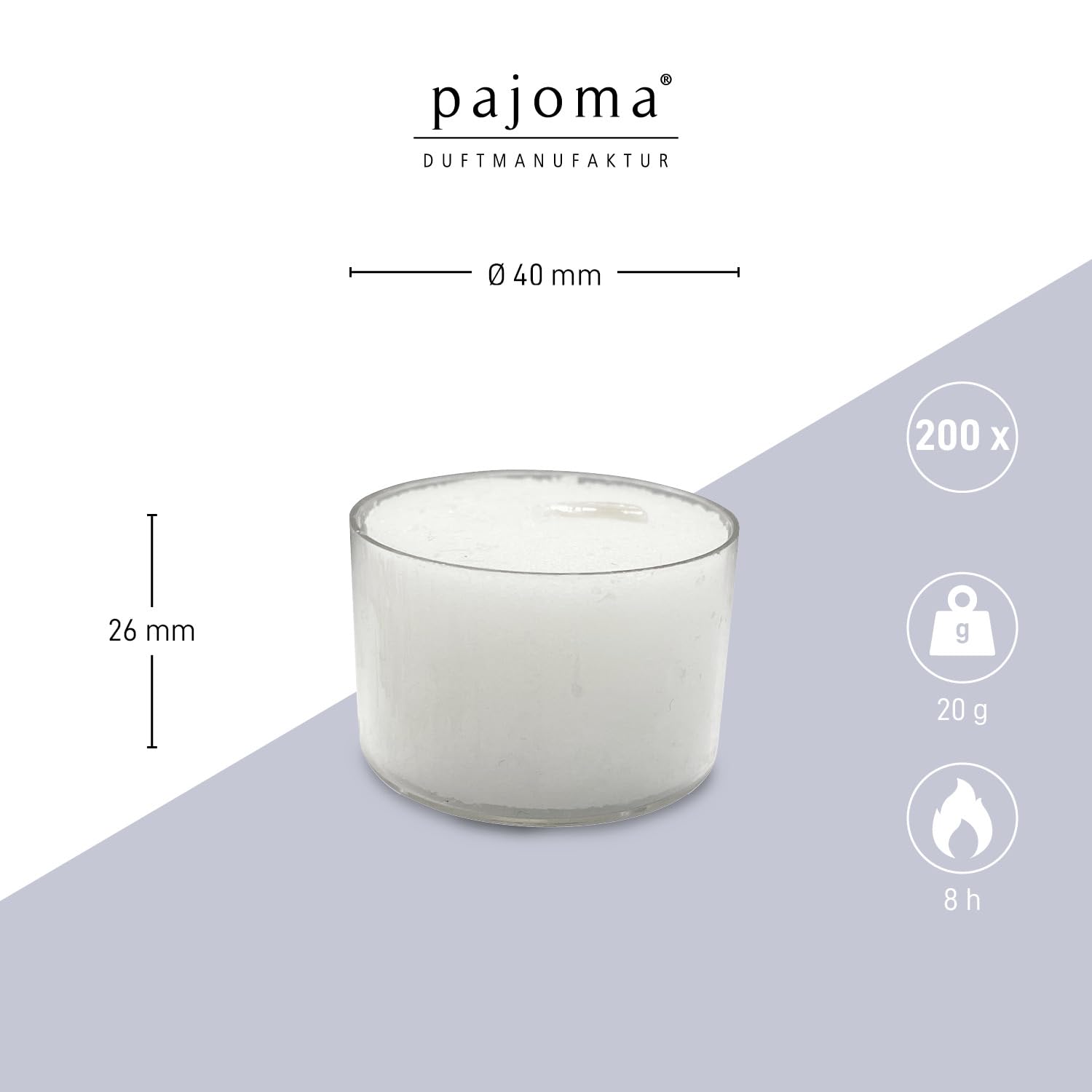 pajoma® Teelichte Weiß 2x 100 Stück | unbeduftete Teelichter | Brenndauer: ca. 8 Std. - 20g Wachsgewicht, 26 x 40 mm | Gastro, Hochzeit, Dekorieren, Feiern, Entspannen, Outdoor, Party