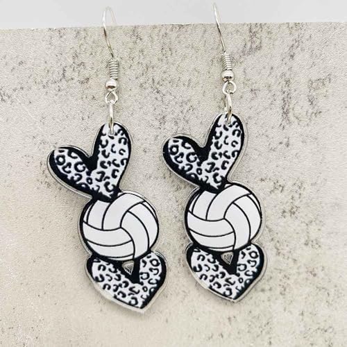 Acrylic Sports Ball Heart Shaped Dangle Drop Earrings for Women Cute Football Basketball Volleyball Baseball Softball Leopard Print Love Shape Earrings Sport Game Day Jewelry Gift2