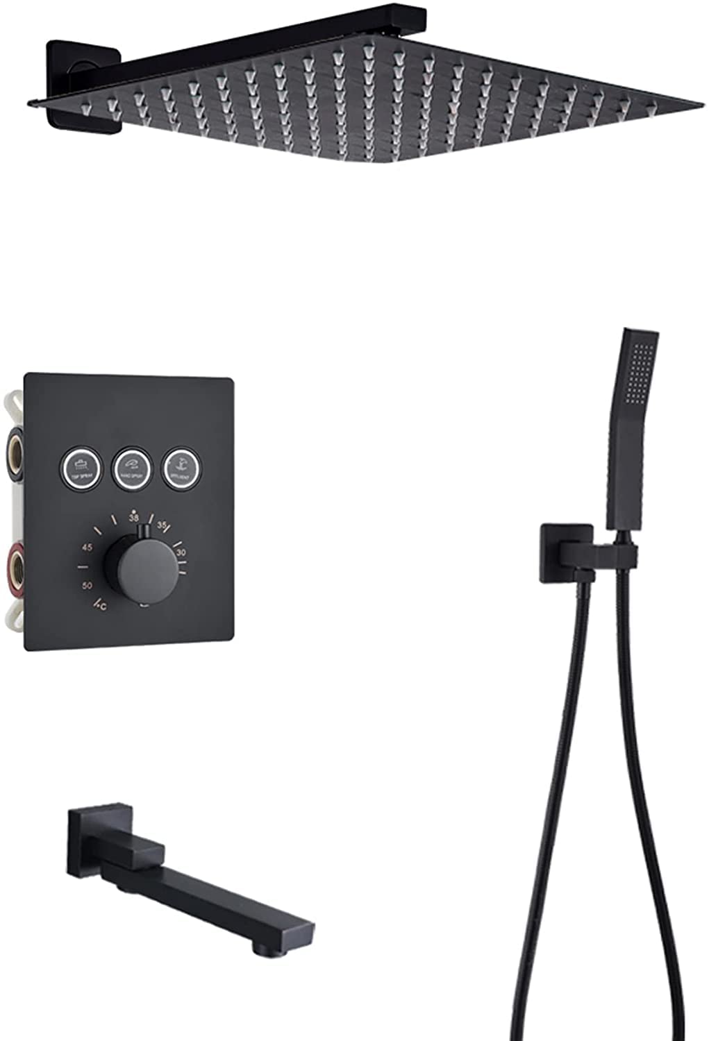 Ksunun Shower System Thermostatic Concealed Shower Faucet Set Matte Black Wall Mounted Anti Scald Shower Set with Hand Shower and Rainfall Shower Head Advanced Air Injection Technology,16 Inch