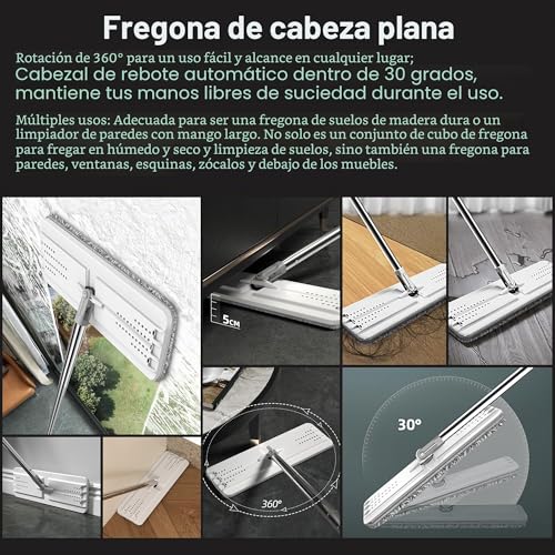 Miniatura 7 de Joymoop Juego De Fregona Y Cubo Con Escurridor Para El Hogar, Sistema De Fregona Plana Y Cubo, Fregonas Para Limpieza De Suelos Y Limpiador De Paredes, Con 3 Almohadillas De Microfibra Reutilizables