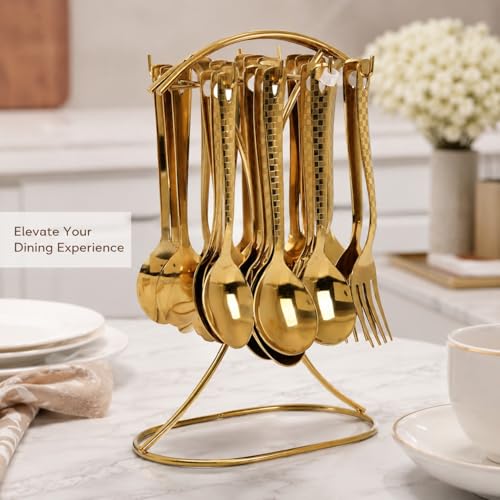 Image of Premium Stainless Steel, 25-Piece Cutlery Set for Kitchen & Table (6 Dessert Table Spoons, 6 Forks, 6 Tea Spoons, 6 Soup Spoons, 1 Storage Stand) (25, Golden)