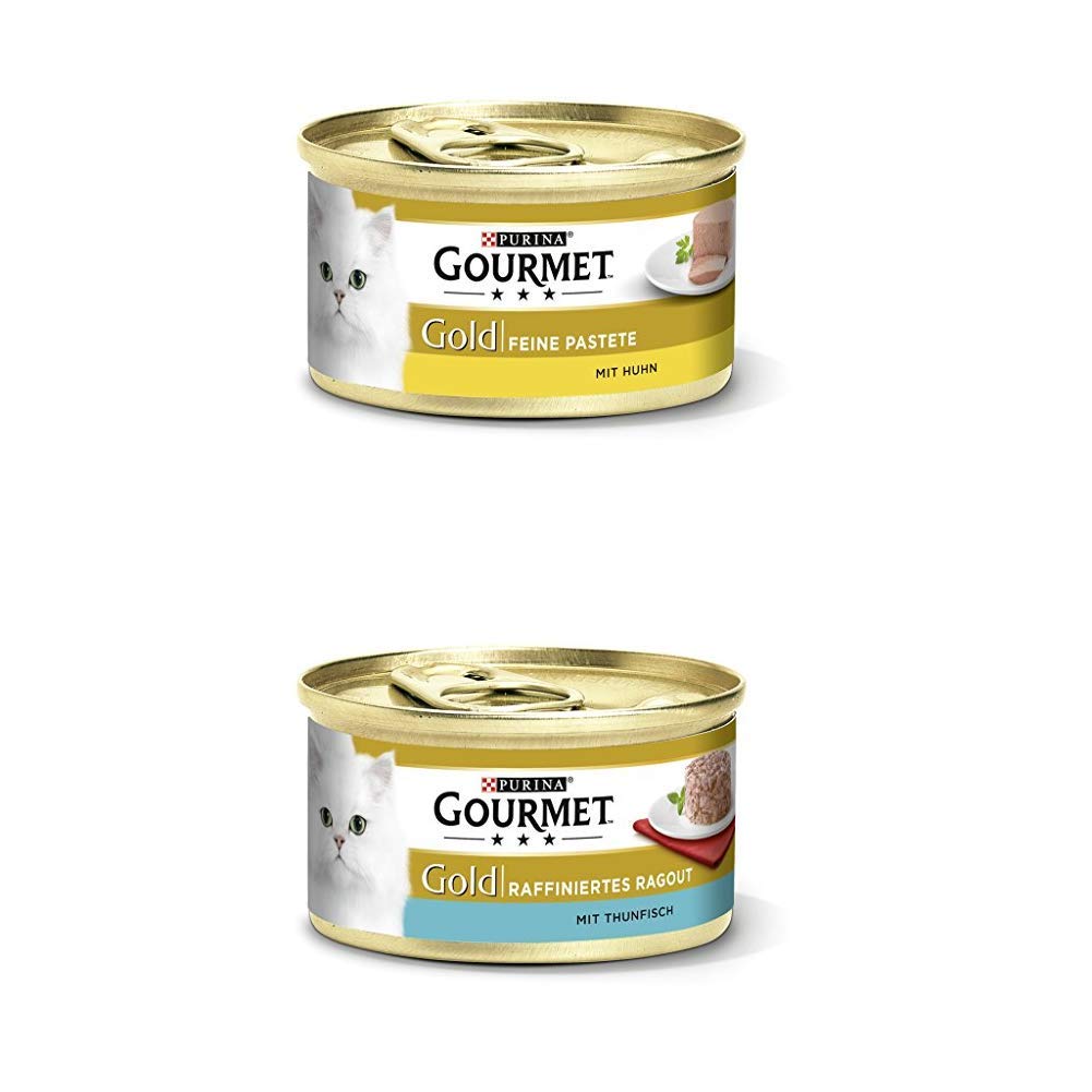 PURINA GOURMET Gold Katzenfutter nass 24er Mix-Pack, Pastete mit Huhn und Ragout Thunfisch, (2 x 12 x 85g)