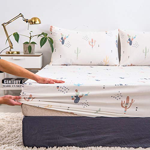 Pinkmemory Queen Sheet Set Cactus Print Pillowcases Set,100% Cotton Bed Sheet Set Queen-1Pc Flat Sheet,1Pc Fitted Sheet,2Pc Pillowcases-Deep Pocket Durable #TOP3