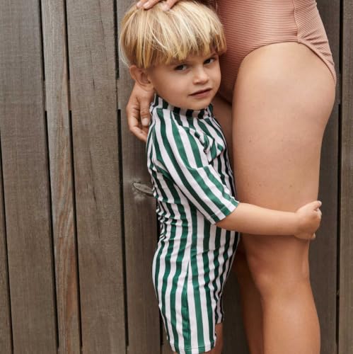 Image of Toddler Boys One Piece Bathing Suit Zipper Short Sleeve Rash Guard Swimwear Quick Dry Green Stripe Swimsuit