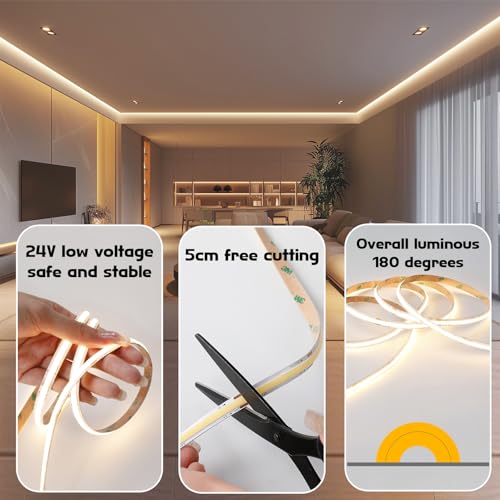 Image of COB LED Strip Light 16.4ft, Warm White 3000K,CRI93+ Super Bright High Lumen,Dimmable 24V Flexible LED Tape Light with RF Remote,for Cabinets,Bedroom&Office DIY Lighting