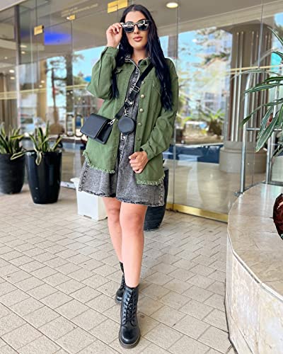 Vetinee Women's Womens Spring Jacket Oversized Boyfriend Elm Green Front Button Up Frayed Raw Hem Long Sleeve Pockets Denim Jean Jacket Shacket Large Size 12 Size 14 #TOP3