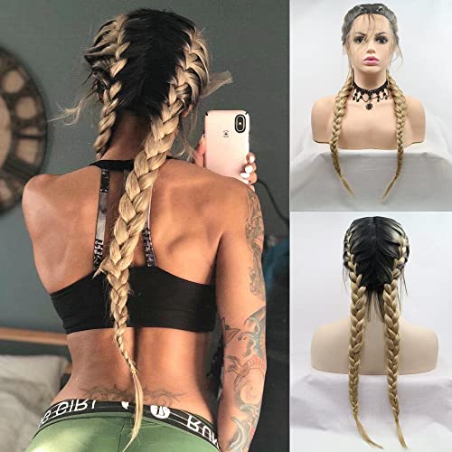 Mitte, doublu Blonde Zöpfe Synthetische Lace Front Perücken für Damen Cosplay/Party 2 x Twist Zöpfe Lange Dunkle Wurzeln Ombre Blonde Hälfte Hand auf hitzebeständig Faser geflochten Haar Cover