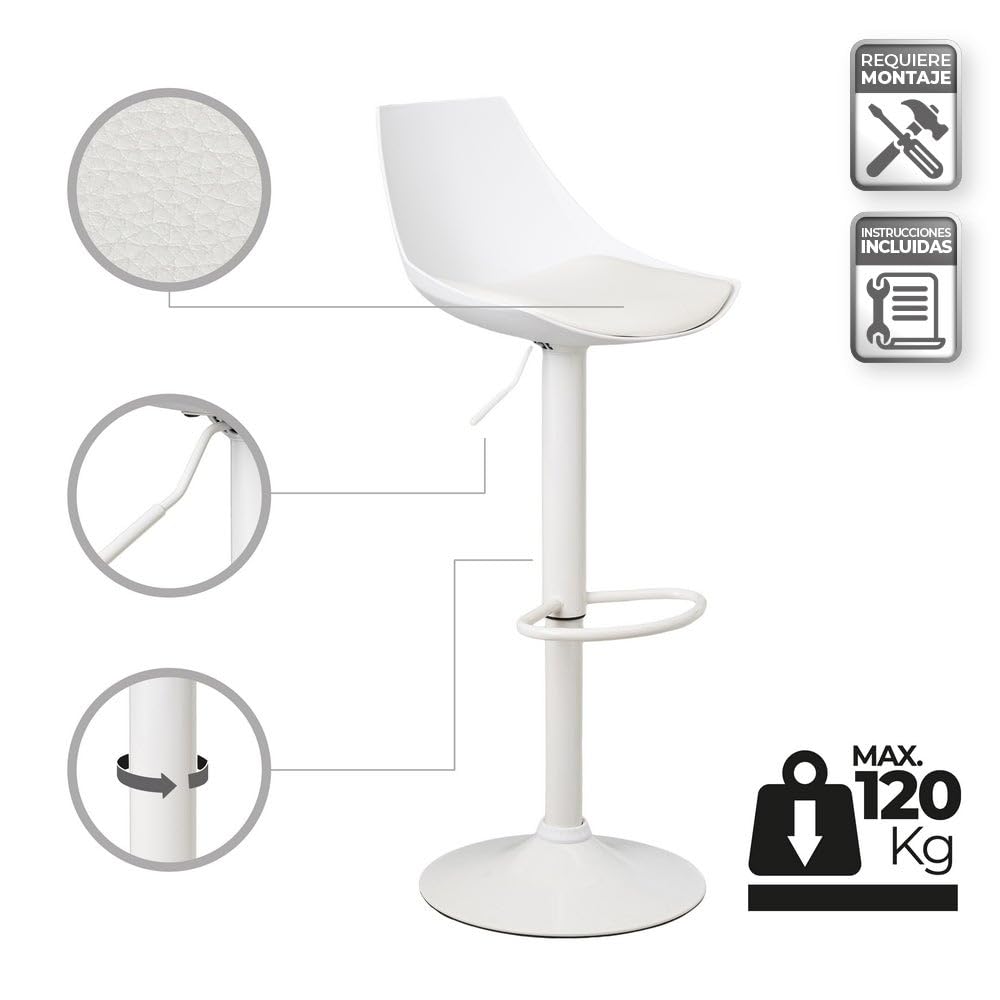 Taburete alto de cocina regulable en altura blanco con respaldo alto | Asiento acolchado y tapizado en poliel. Respaldo alto rígido. Altura ajustable de 83 a 104 cm. Resiste hasta 120 kg