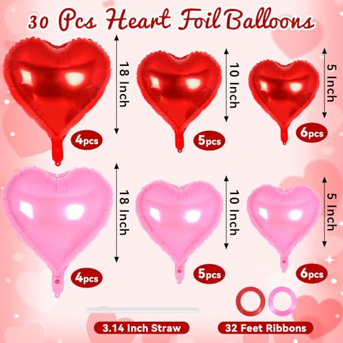 Image of 30 Pcs Red and Pink Heart Balloons, 3 Sizes Heart Foil Mylar Balloon, Valentine Day Party Decorations, Love Balloon Valentine Balloons for Birthday Party Wedding Baby Shower