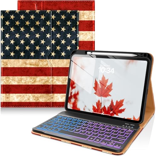 Image of DTTO for iPad 11th (A16) / 10th Generation Case with Keyboard (2025 /2022), 7 Colors Backlit Wireless Detachable Keyboard Leather Folio Cover with Pencil Holder & Pocket, US Flag