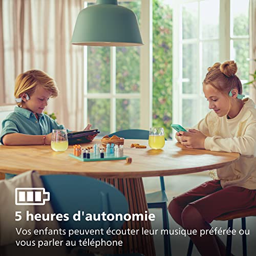 Philips TAK4607GR/00 Casque sans Fil Open Ear pour Enfants Protection Contre l'eau (IPX5), Autonomie de 5 Heures, Contrôle Parental, Arceau Réglable, Appels d'une Grande Clarté,