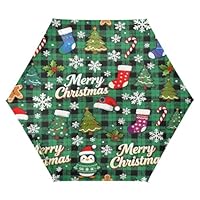 Nexawaveo Small Windproof Travel Umbrella Christmas Penguin Green Compact Light Automatic Folding Rain and Sunny Umbrella