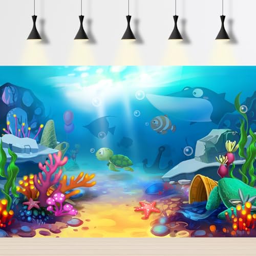 Image of Undersea Aquarium Background Cartoon Underwater Tropical Fish Coral Reef Terrarium Backgrounds Under The Sea World Theme Fish Tank Background Turtle Shark Blue Sea with Sunbeams Tank Decors 30x12in