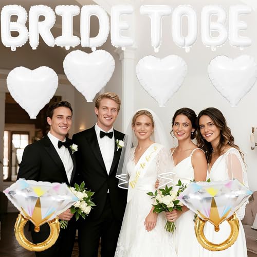 Image of White Bachelorette Party Decorations, White Bride to Be Banner Heart Balloons with Diamond Ring Foil Balloon, Gold Bride to Be Sash&Veil for Bachelorette Engagement Gift Bridal Shower Party Supplies