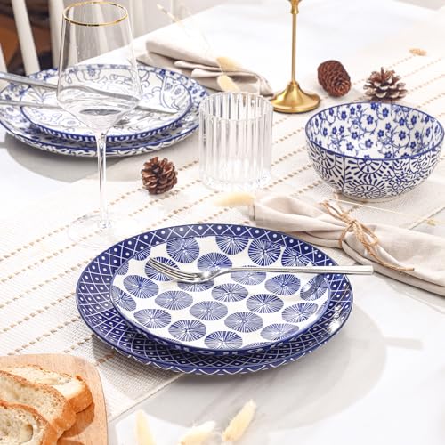 Image of Selamica Ceramic Plates and Bowls Sets,18 Pieces Retro Floral Dinnerware Sets for 6,Dishwasher & Microwave Safe dish set,Family & Holiday Dining, Vintage Blue