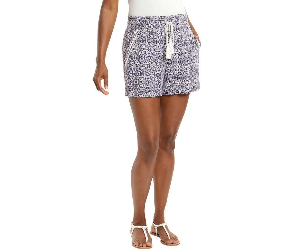 Women's Linen Blend Pull-On Summer Shorts with Pockets and Drawstring (Blue Print, XX-Large)