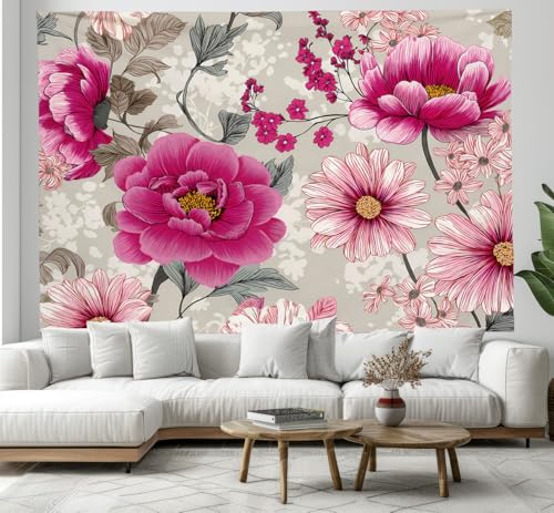Tapisserie murale fleurs et plantes rose en microfibres pour grand salon 230x180cm
