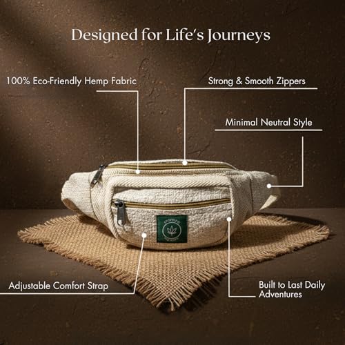 Image of Waist Bag for Men & Women | Adjustable Belt Bag Hemp Fanny Pack | Travel Running Hiking Outdoor Crossbody Chest Sling | Eco-Friendly Lightweight Waist Bag with Multiple Zipper Pockets