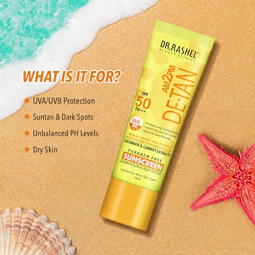 Image of DR.RASHEL DE-TAN SUNSCREEN SPF 50 PA+++ SKIN HYDRATING, PROVIDES LONG-LASTING PROTECTION WITH CUCUMBER & CARROT EXTRACT, Paraben free, All skin Type, 18ml