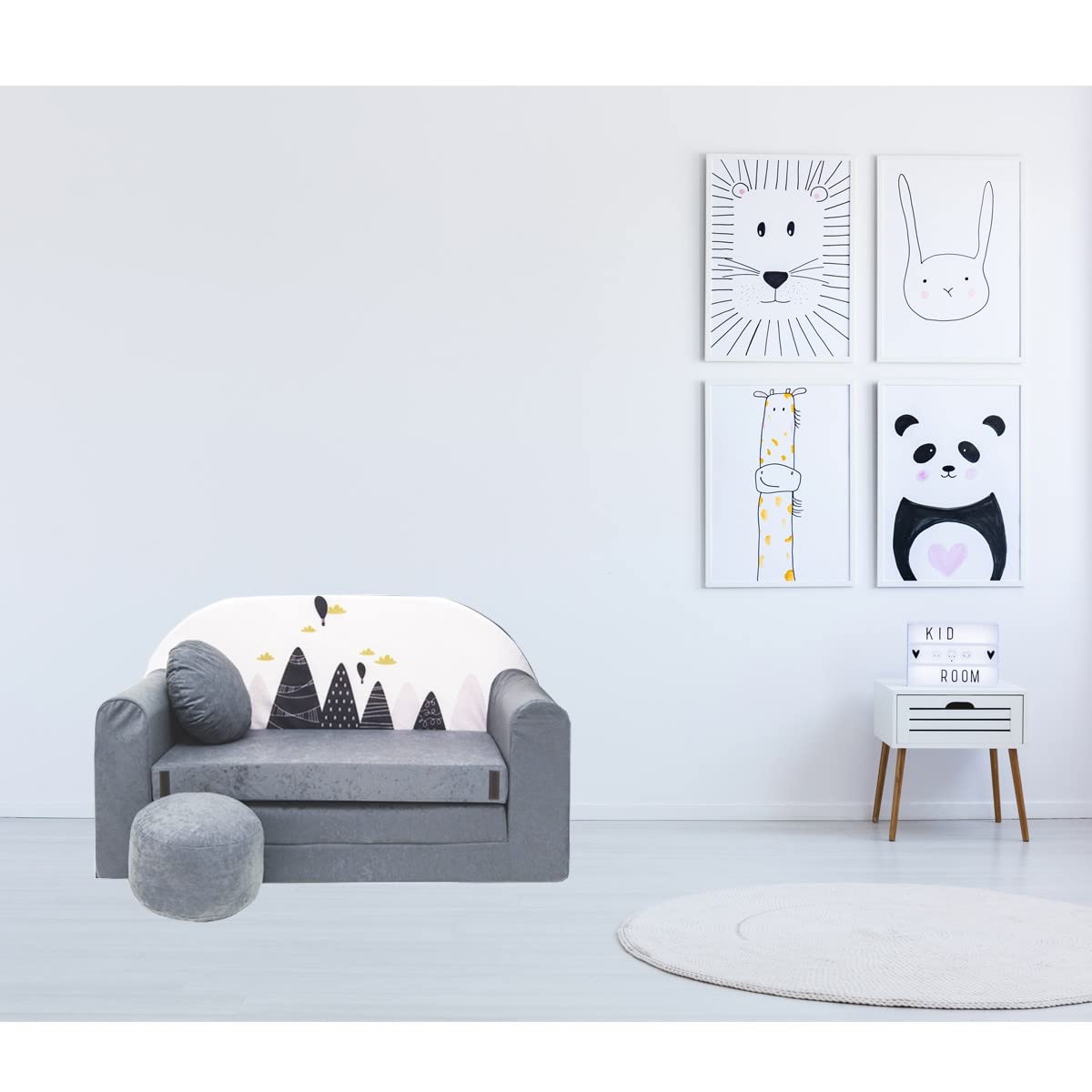 Mon Mobilier Design Nino Canapé Convertible lit pour Enfant avec Pouf et Coussin Oeko-TEX Montagnes Gris