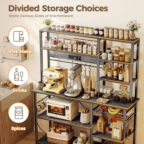 Image of SUPERJARE Larger Bakers Rack with Power Outlets, 6-Tier Microwave Stand, Coffee Bar with 12 S-Shaped Hooks, Kitchen Shelf with Wire Basket, 47.2 x 15.5X 66.9 Inches, Grey