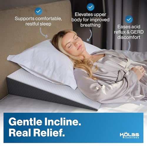 Image of Kolbs Bed Wedge Pillow for Sleep Apnea, Acid Reflux and Back Pain Relief, Anti Snore Pillow, Memory Foam Wedge Cushion with Chic Jacquard Cover - Headboard Wedges for Sleeping (5 inch Gentle Incline)
