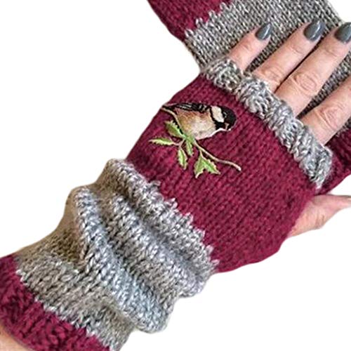 Women winter knitted fingerless gloves bird embroidered color block splice half