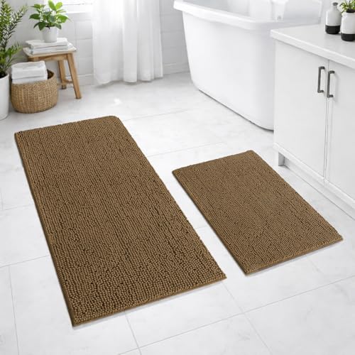 Image of LUXEHOME International Bath Mats for Bathroom Anti Slip Microfiber Chenille Super Absorbent Quick Dry Water Soak Floor Mat for Home Kitchen Door (45x75cm 60x120cm Chocolate) Pack of 2