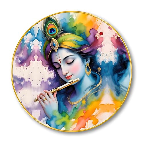 Image of SAF Colorful Lord Krishna with Flute Wall Painting - Spiritual Round Golden Frame Artwork | Hindu Religious Decor for Living Room, Bedroom, Pooja Room | Divine Indian Art (16 X 16 Inch) GRM-291