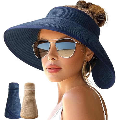 NPJY 2 Packs Sun Hats for Women Wide Brim Roll-Up Beach Ponytail Hat Packable Foldable Travel Straw Visor Khaki+Blue