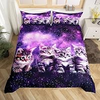 Loussiesd Cat Bedding Set Cute Pet Cats Pattern Bed Cover Outer Space Kawaii Kitten Duvet Cover for Children Kids Boys Girls Cartoon 3D Animal Theme Galaxy Purple Bedding Bedclothes Double