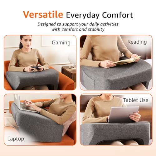 Image of amazon basics Gaming Lap Pillow | Lap Desk with Armrest Design | Side Pocket | Washable Velvet Cover | for Bed, Sofa & Floor | Grey