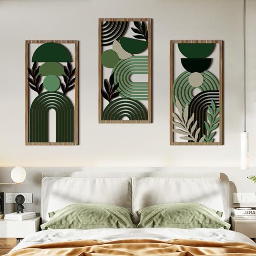 Abstract Wall Art Set of 3, Boho Geometric Wood Wall Decor, Framed Aesthetic Botanical Artwork, Green Room Decor for Bedroom, Living Room, Office, Modern Home Wall Art